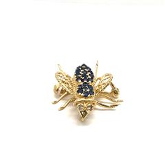 Sapphire Gold-Diamond-Stone Brooch 2 Diamonds .02 Carat T.W. 14K Yellow Gold